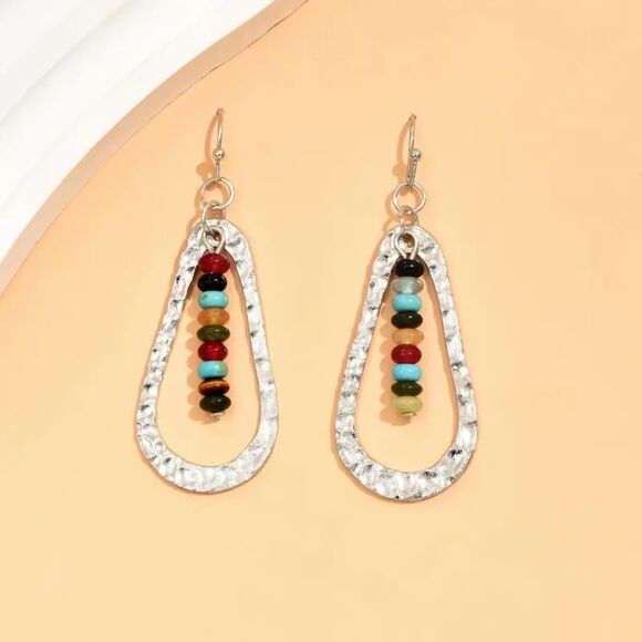 Hammered Silver Beaded Teardrop Dangle Earrings Vintage Drop Colorful Boho Jwlry - Picture 3 of 5